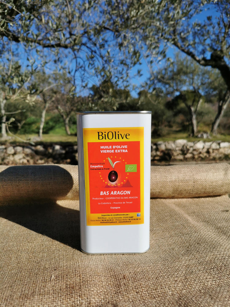 Huile d'olive de la coopérative Bas Aragon (Espagne). Récolte de l'hiver 2023-2024. Saveurs douces - Assaisonnement & Cuisson.