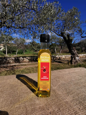 Huile d'olive de la coopérative Bas Aragon (Espagne). Récolte de l'hiver 2023-2024. Saveurs douces - Assaisonnement & Cuisson.