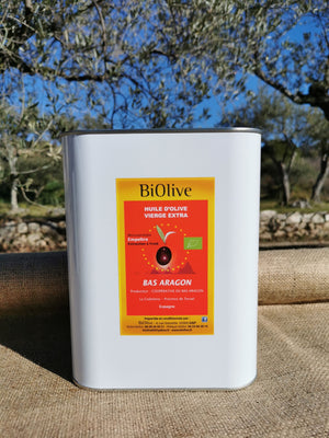 Huile d'olive de la coopérative Bas Aragon (Espagne). Récolte de l'hiver 2023-2024. Saveurs douces - Assaisonnement & Cuisson.