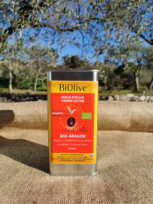 Huile d'olive de la coopérative Bas Aragon (Espagne). Récolte de l'hiver 2023-2024. Saveurs douces - Assaisonnement & Cuisson.