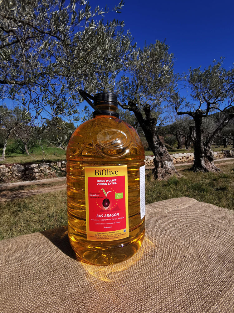 Huile d'olive de la coopérative Bas Aragon (Espagne). Récolte de l'hiver 2023-2024. Saveurs douces - Assaisonnement & Cuisson.