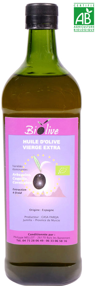 Huile d'olive du moulin Casa Pareja (Espagne). Récolte de l'hiver 2024-2025. Saveurs fruitées - Agriculture Biodynamique - Assaisonnement.